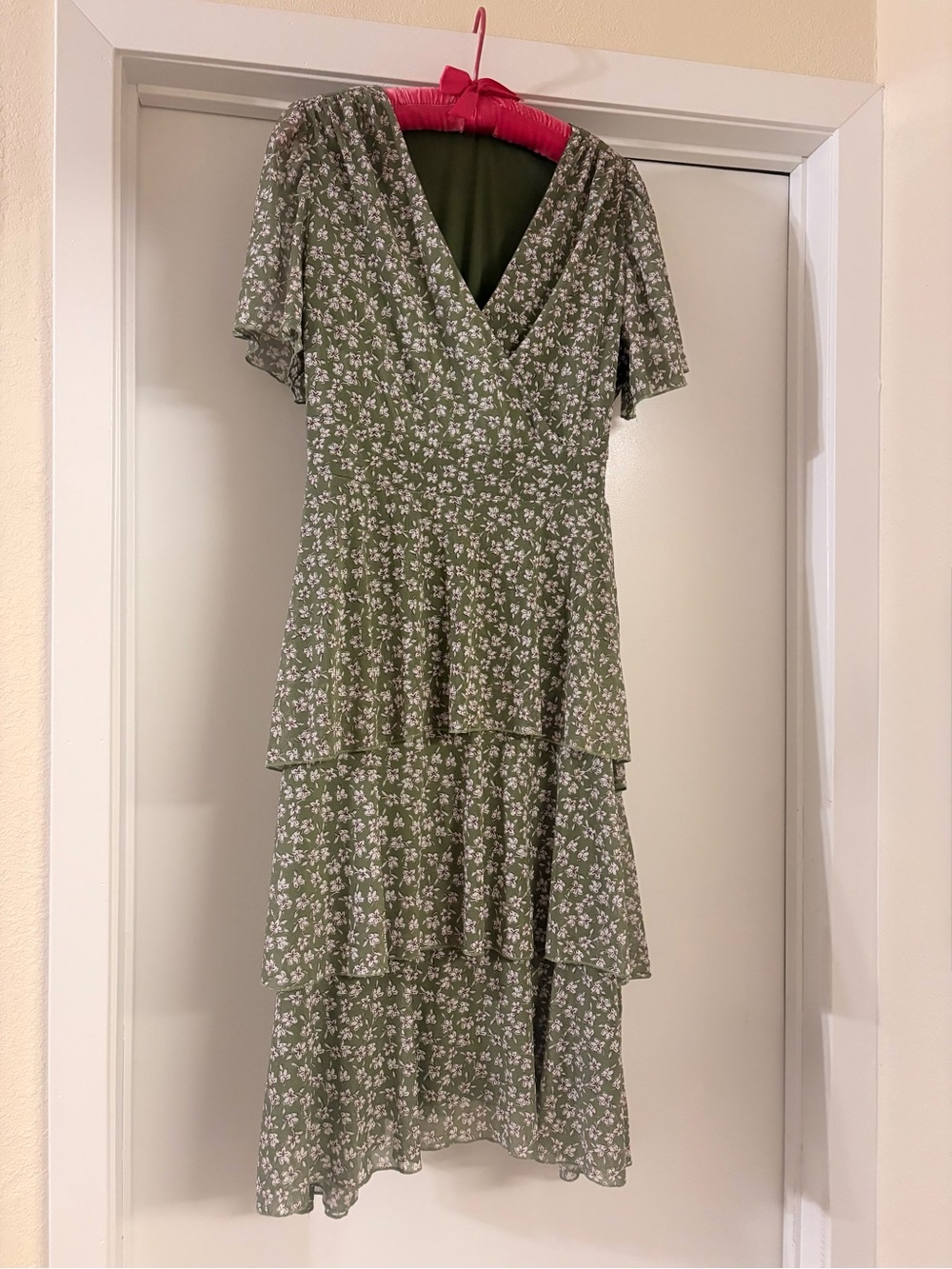Olive Green Floral Tiered V-Neck Dress